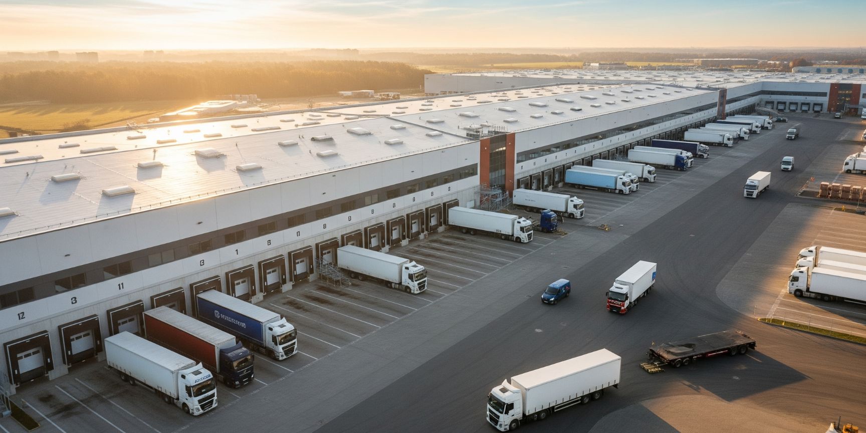 Moderne Logistikhalle mit zahlreichen Laderampen aus der Vogelperspektive bei Sonnenaufgang, die die Dimension und Funktionalität einer abgeschlossenen Projektentwicklung zeigt.